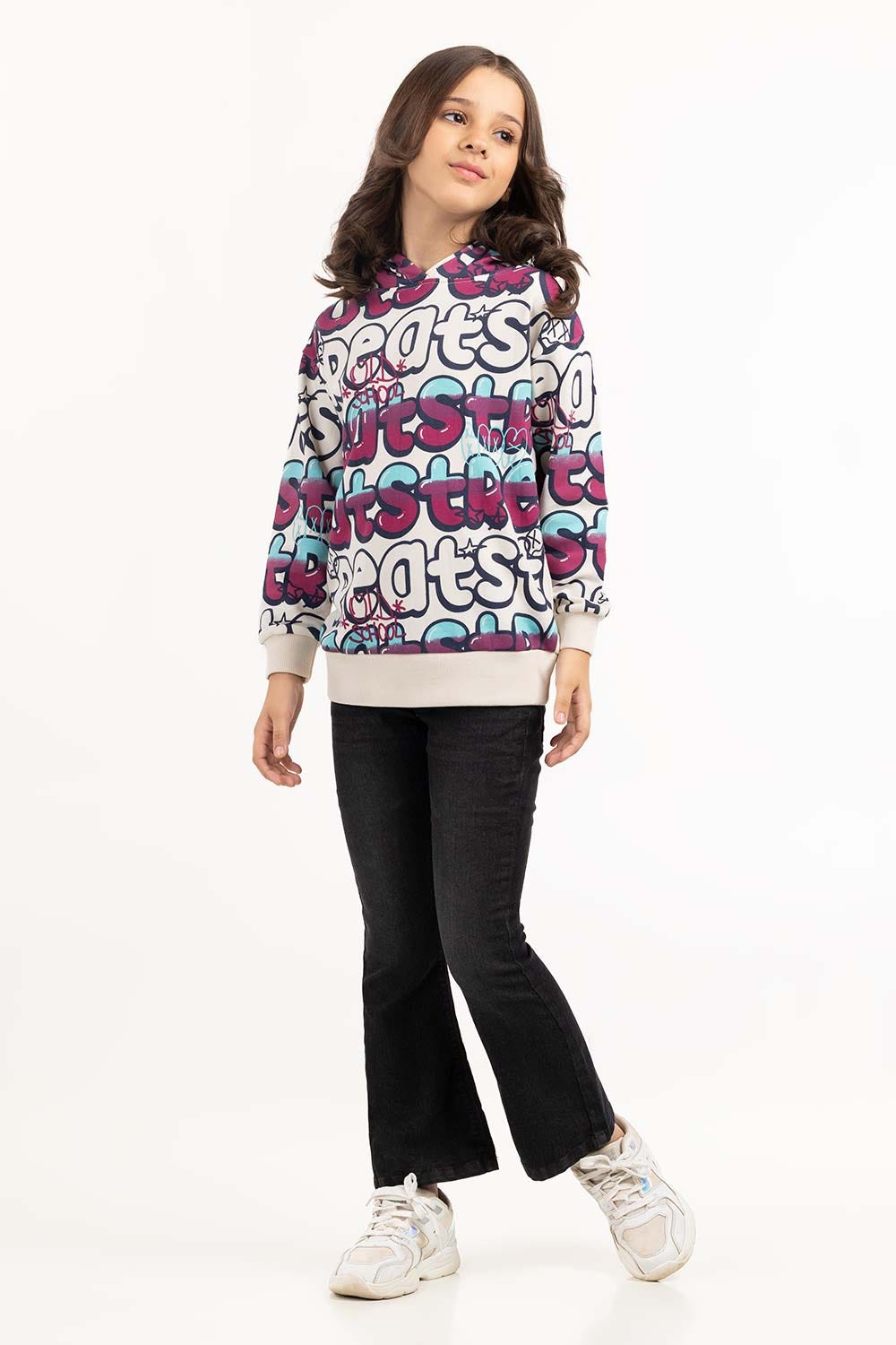 Junior Girl White Printed Hoodie 224-412-053