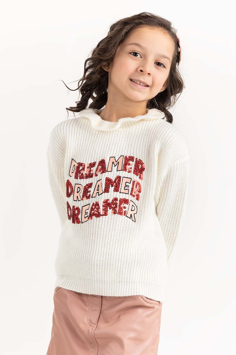 Toddler Girl White Sweater With Elastic Gathered Details 224-611-026