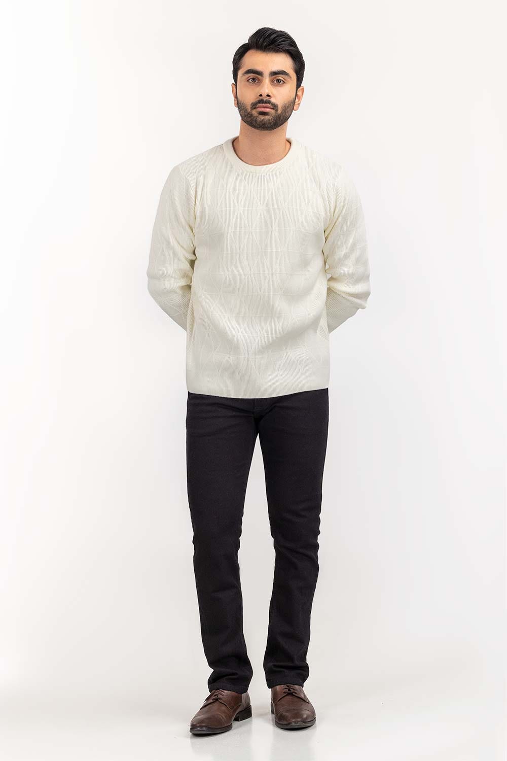 White Textured Crew Neck Sweater SWT-FFSCN22-118