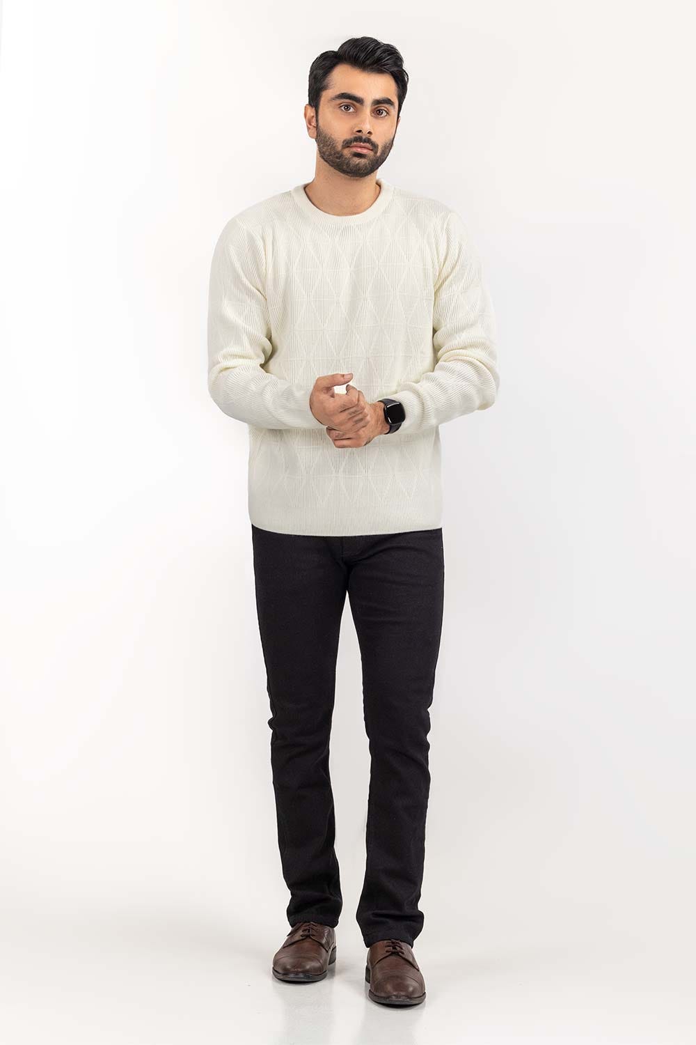 White Textured Crew Neck Sweater SWT-FFSCN22-118