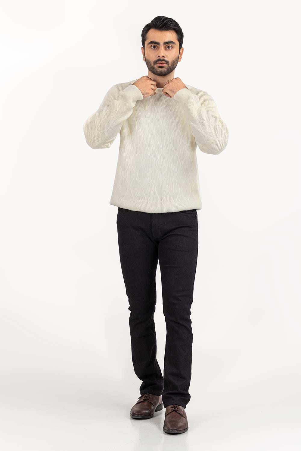 White Textured Crew Neck Sweater SWT-FFSCN22-118