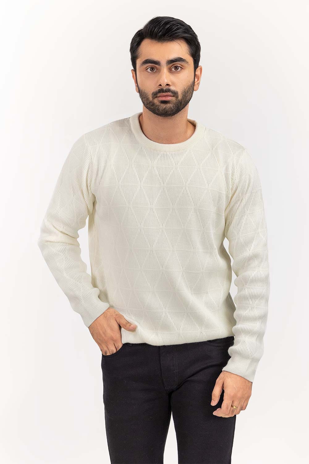 White Textured Crew Neck Sweater SWT-FFSCN22-118