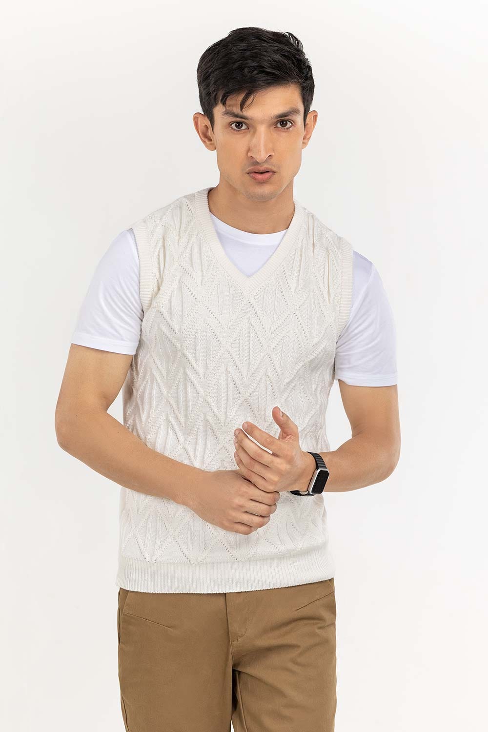 White Textured V Neck Sleeveless Sweater SWT-FSLVN22-188-2
