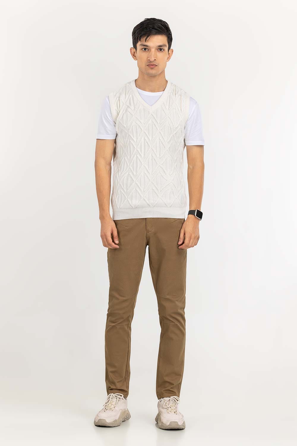 White Textured V Neck Sleeveless Sweater SWT-FSLVN22-188-2