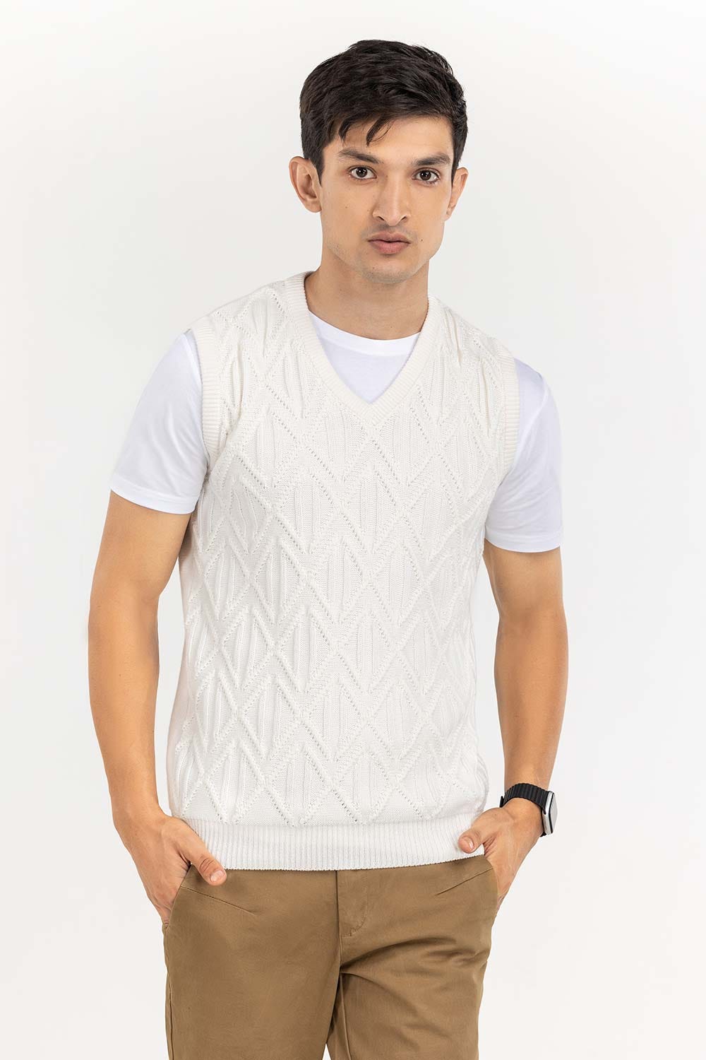 White Textured V Neck Sleeveless Sweater SWT-FSLVN22-188-2