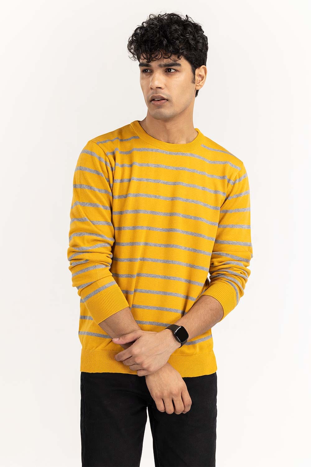 Yellow Grey Striped Sweater SWT-FFSVN22-191