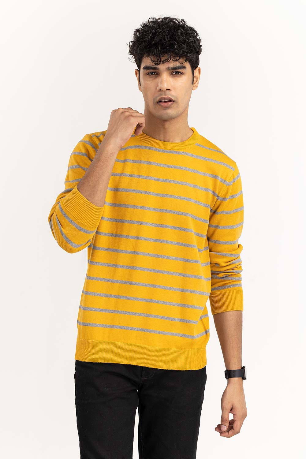 Yellow Grey Striped Sweater SWT-FFSVN22-191